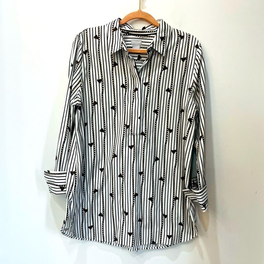 CHICO'S Women's Cotton Long Sleeve Blouse Chain Pattern Multicolor 0.5 small